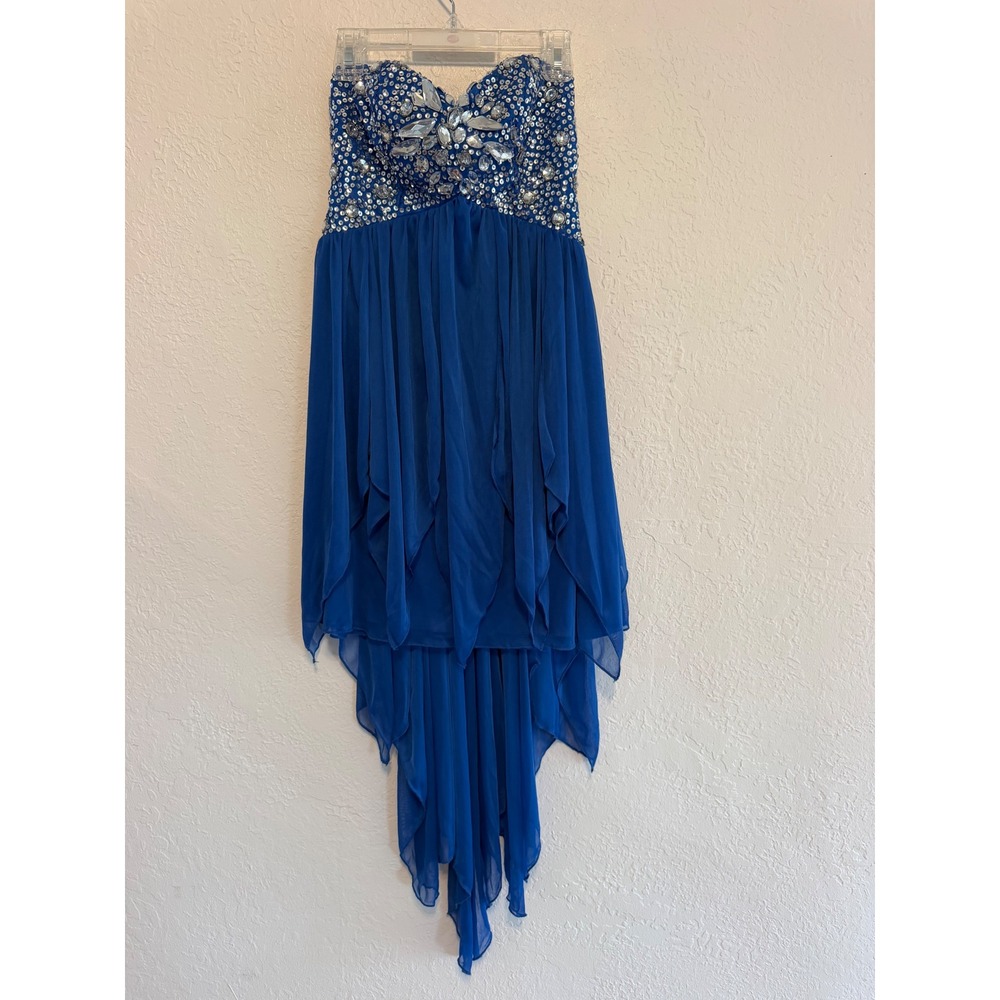 Royal Blue Sequin Crystal Embellished Strapless High Low Prom Formal Dress
